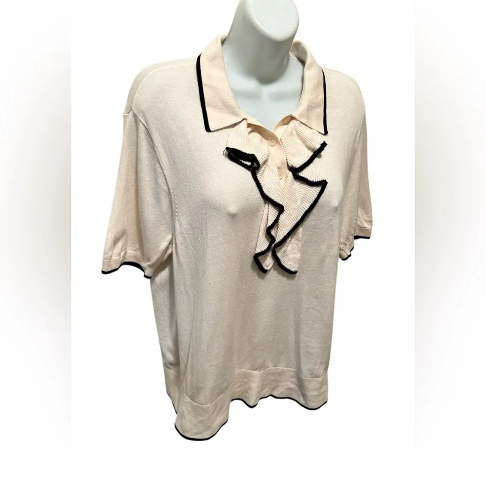 Lauren Ralph Lauren Two Tone Ruffle Trim Polo SS Sweater Sz XXL Cream Black - Image 5