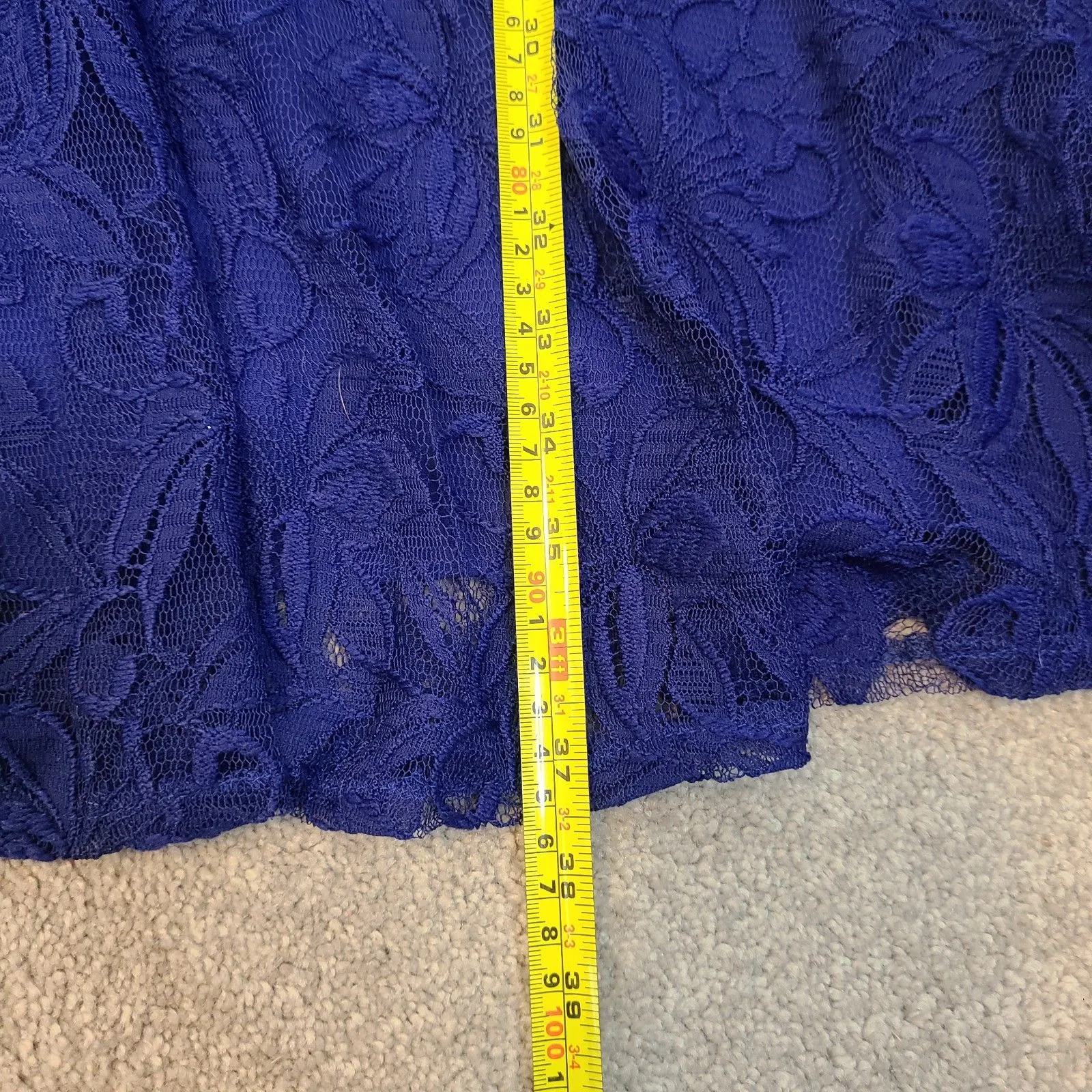 Dressbarn Blue Lace Midi Dress Sz 6 Cap Sleeve Boat Neck A Line Tie Waist Flora - Image 6