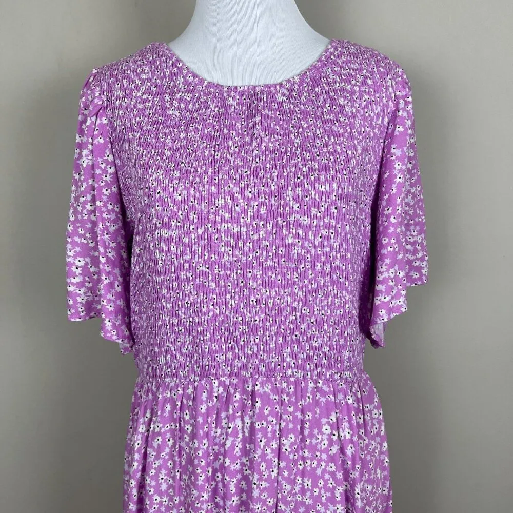 Zesica Dress Women Large Purple Ditsy Floral Tiered Smocked Short Flutter Sleeve - Image 5
