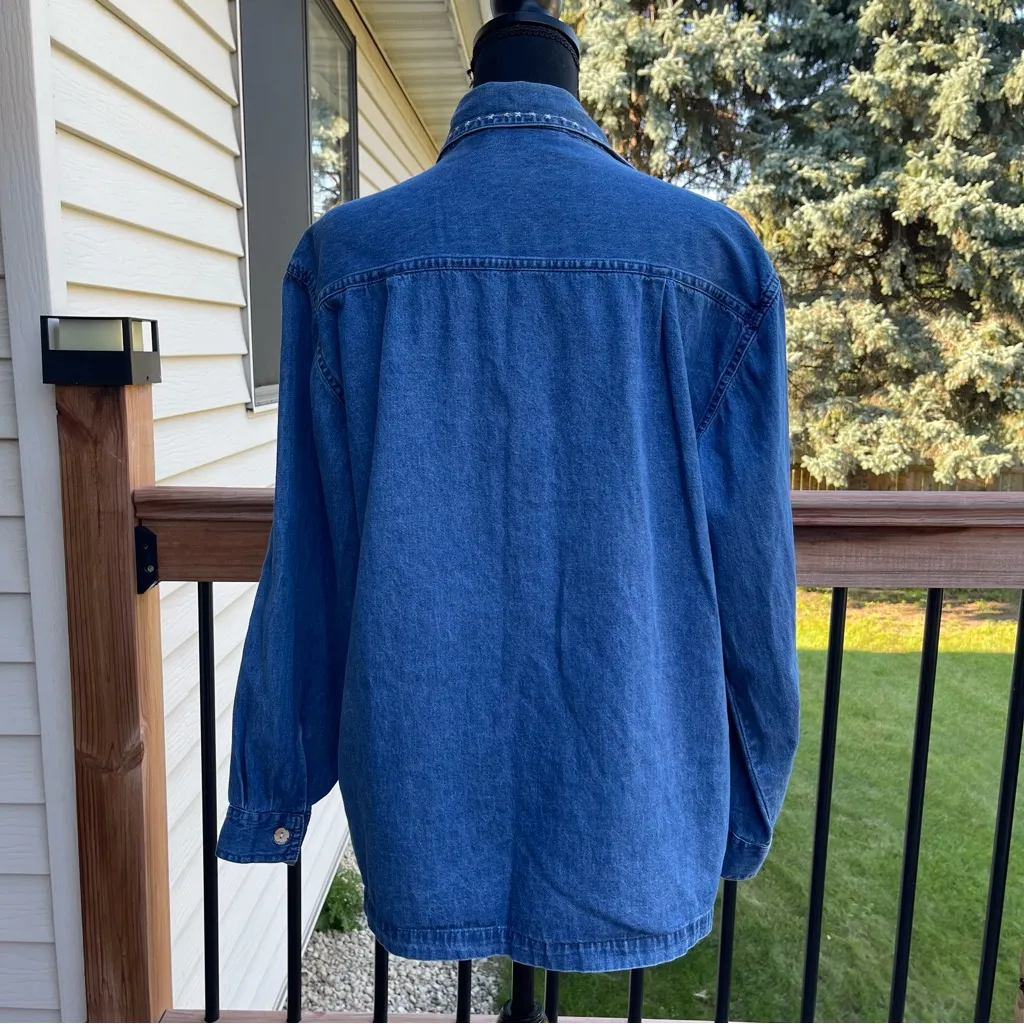 New Direction Floral Embroidered Blue Denim Jean Shirt Jacket Women’s Large - Image 3