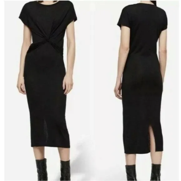 All Saints Paloma Black Stretch Mini Dress Draped Front Knot Short Sleeve Chic - Image 2