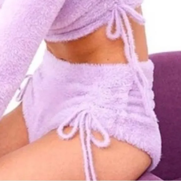 For Love & Lemons NWT Fuzzy Cozy Ruched Lilac Shorts Adjustable Lounge / Sleep - Image 2