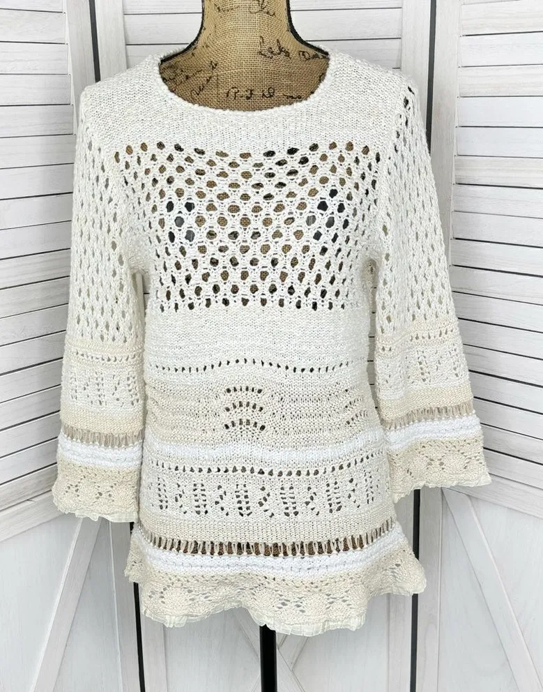 Coldwater Creek Open Weave Crochet Boho Cottage Sweater Ivory Cream Large - Image 1