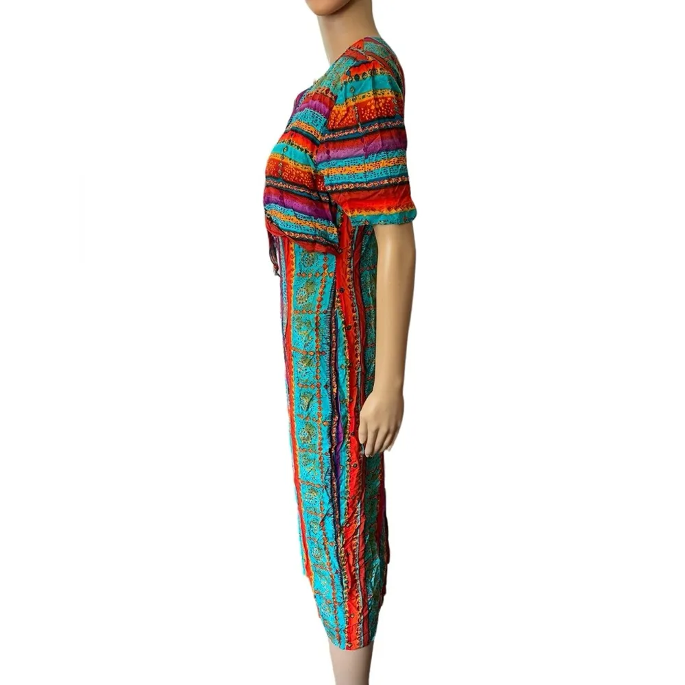 W2 Vintage 80s Bright Eclectic Hippie Funky Southwestern Striped Maxi Dress Size 10 - Image 4