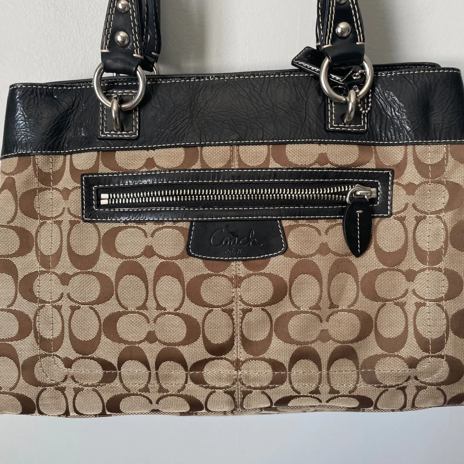 y2k Coach Penelope Signature Canvas Leather Trim Tote Shoulder Bag Brown Black - Image 5