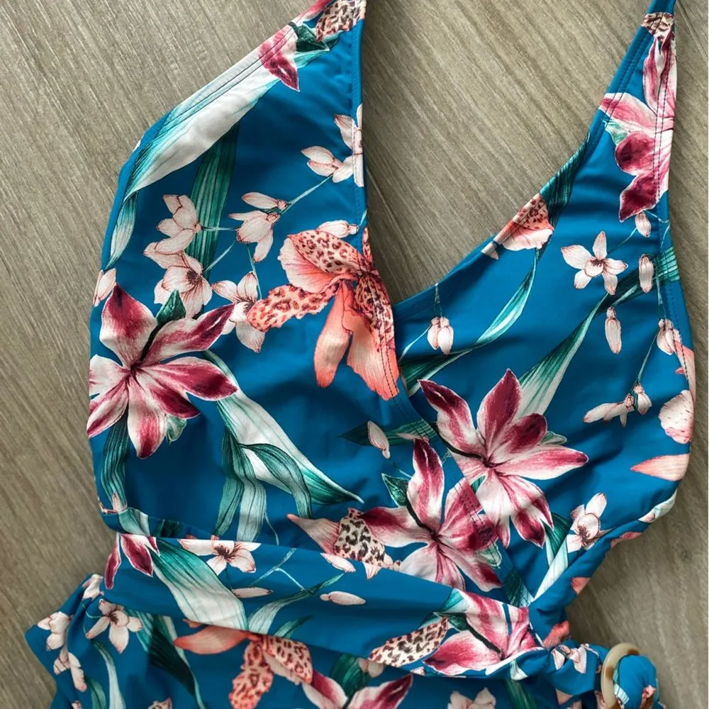 La Blanca Flyaway Orchid Plunge Halter One Piece Swimsuit Sz 10 Tropical Floral - Image 3