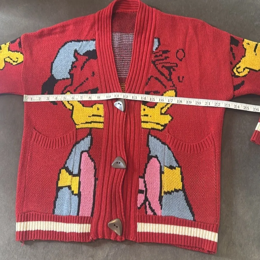 Women’s Donald Duck Red Knit Cardigan Sweater Front Pockets Size S - Image 5