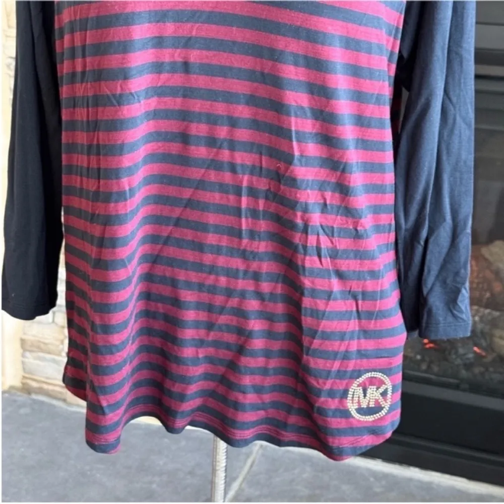 MICHAEL Michael Kors Navy and Burgundy Striped Long Sleeve Tee Blue Size L - Image 7