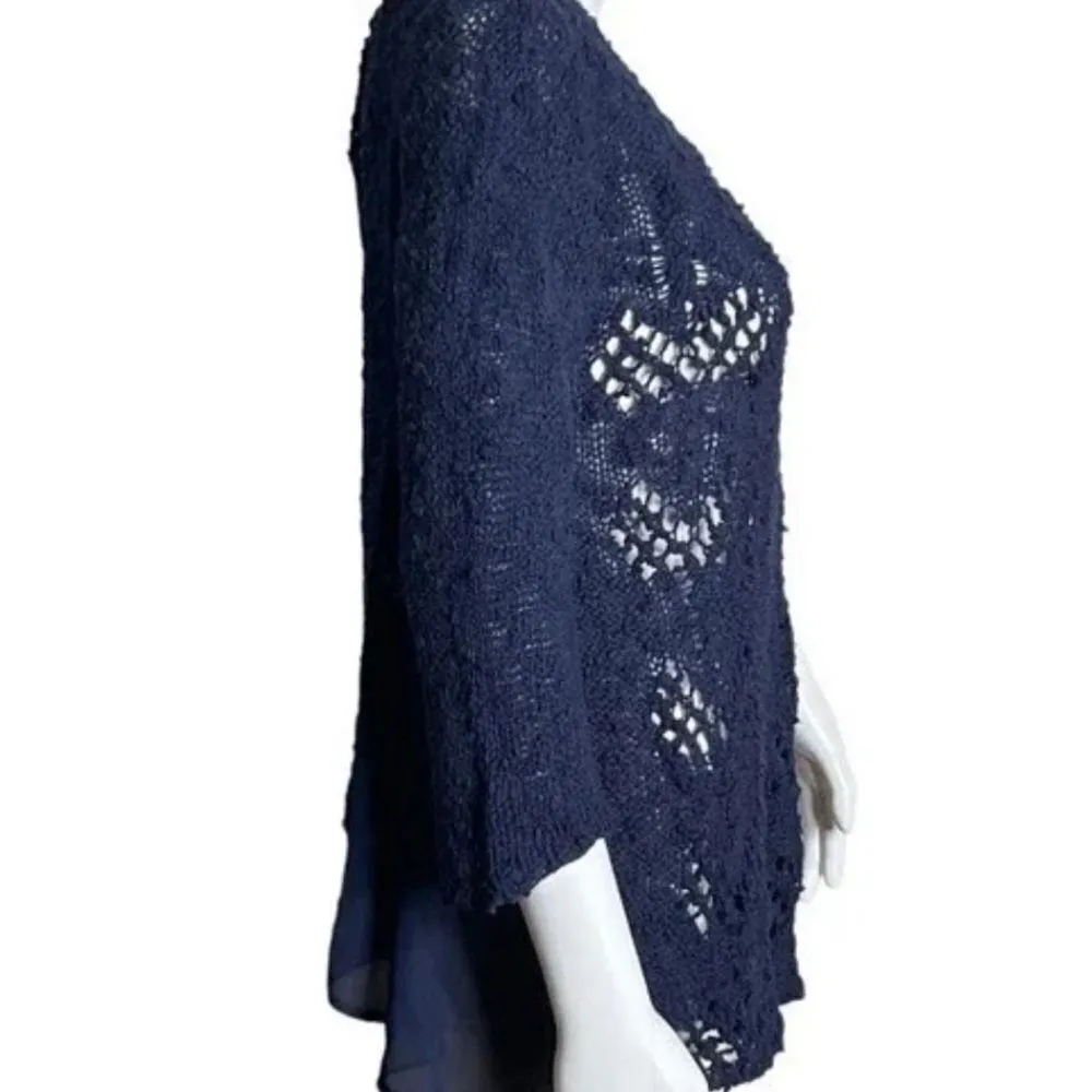 Anthropologie Knitted & Knotted Open Knit Sweater Blue Sheer Chiffon Sides 3/4 M Size M - Image 2