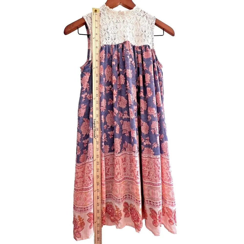 Womens Print boho dress blouse midi sleeveless white blue floral basic size M - Image 8