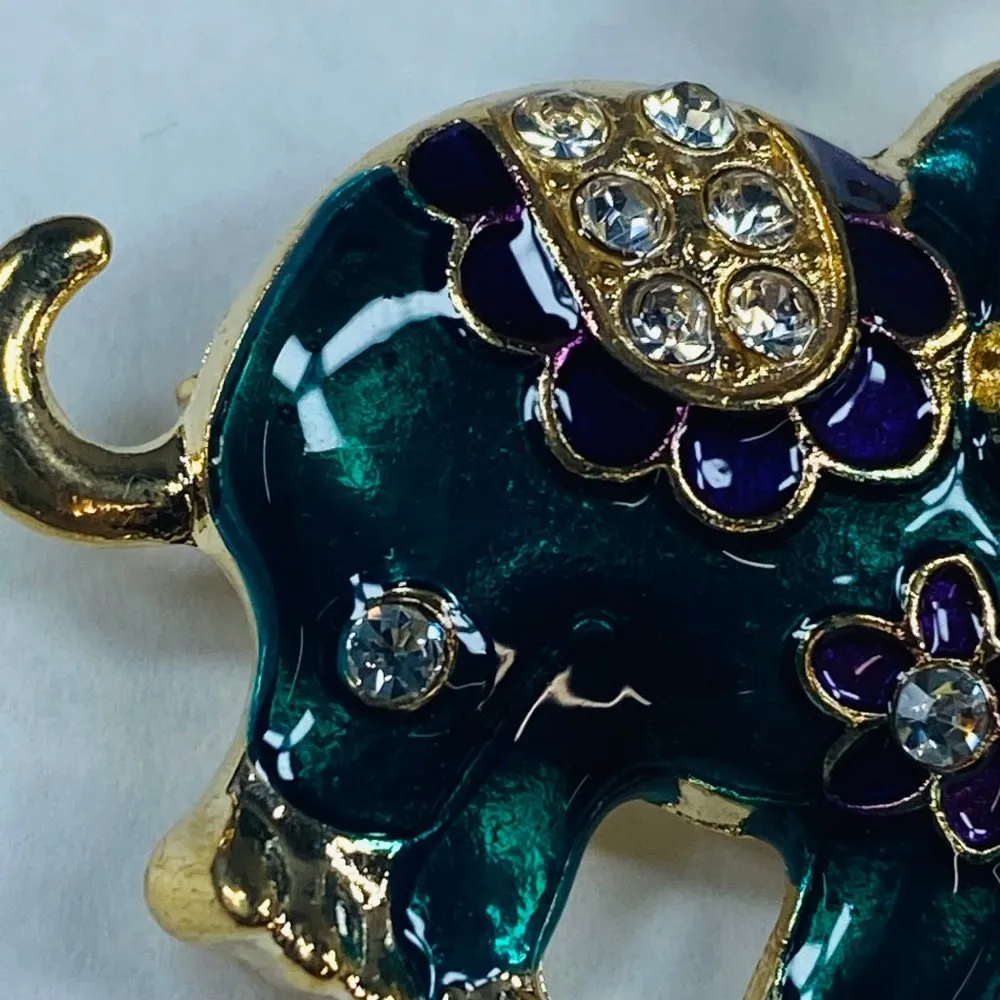 Circus Elephant Trunk Up Brooch Pin Metal Enamel Colorful Rhinestone Accents - Image 8