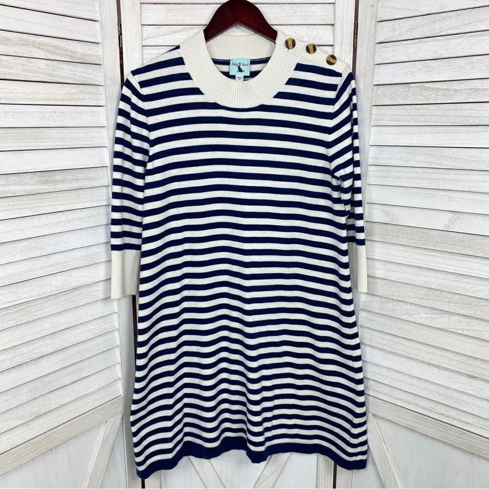 Haley and the Hound Striped Sweater Dress Crew Neck Knit Shift Blue White Medium - Image 7