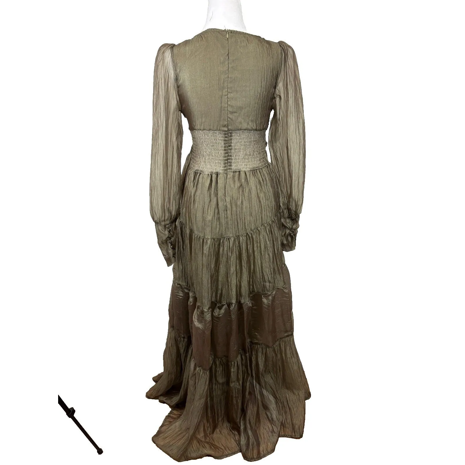 Sheer Crinkle Tiered Maxi Dress Women's S Khaki Ethereal Romantic Coquette Chic Size L - Image 6
