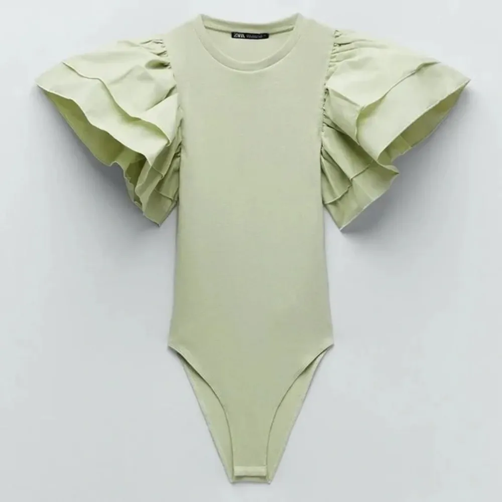 NWOT Zara Green Cotton Ribbed Ruffle Bodysuit Small - Image 5