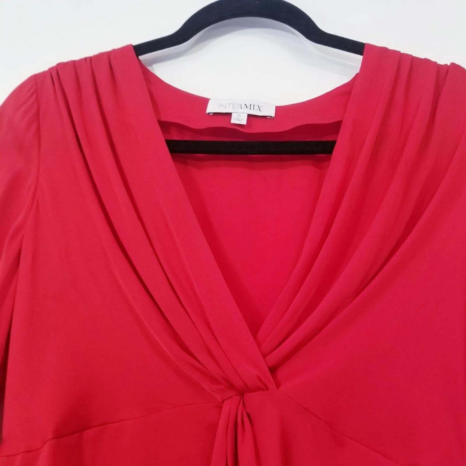 INTERMIX Silk Blend Red Pleated Satin Blouse Long Sleeves - Image 3