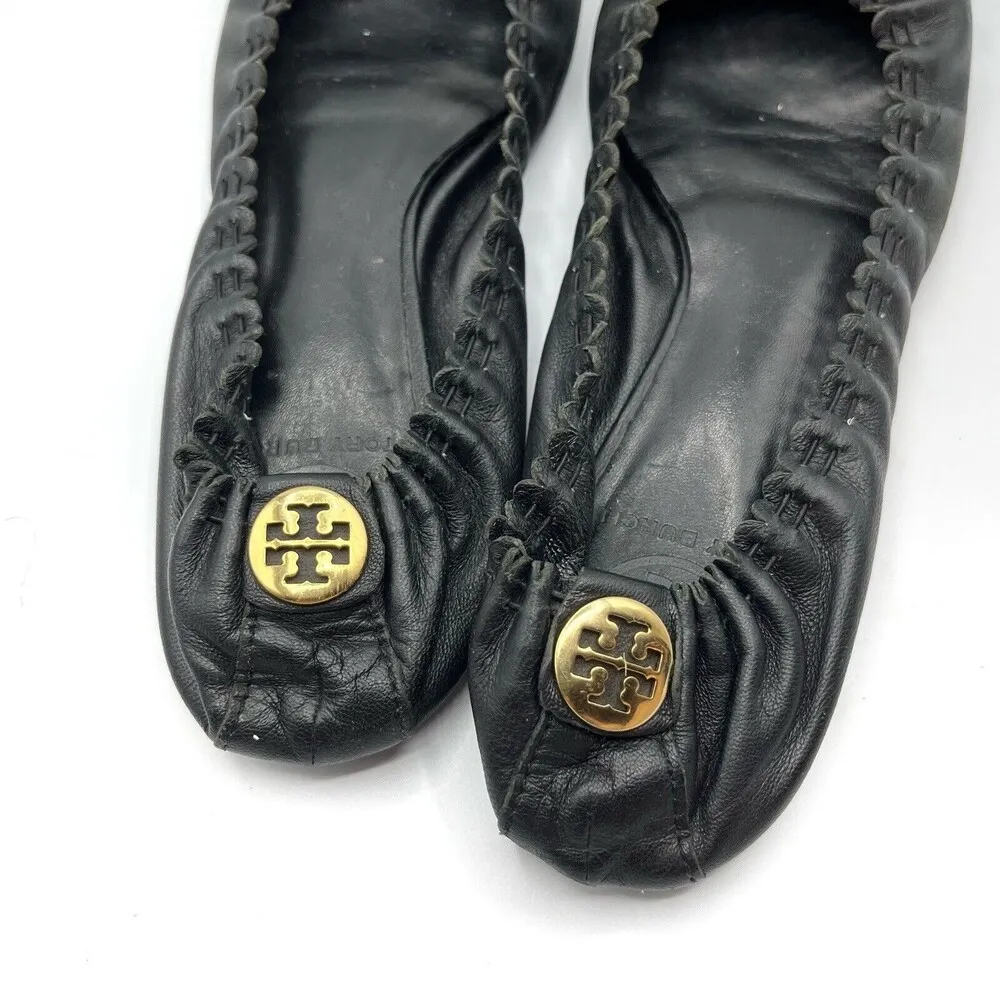 Tory Burch Reese Tassel Ballet Flats Women’s Size 6.5 Black Leather Gold Logo - Image 8
