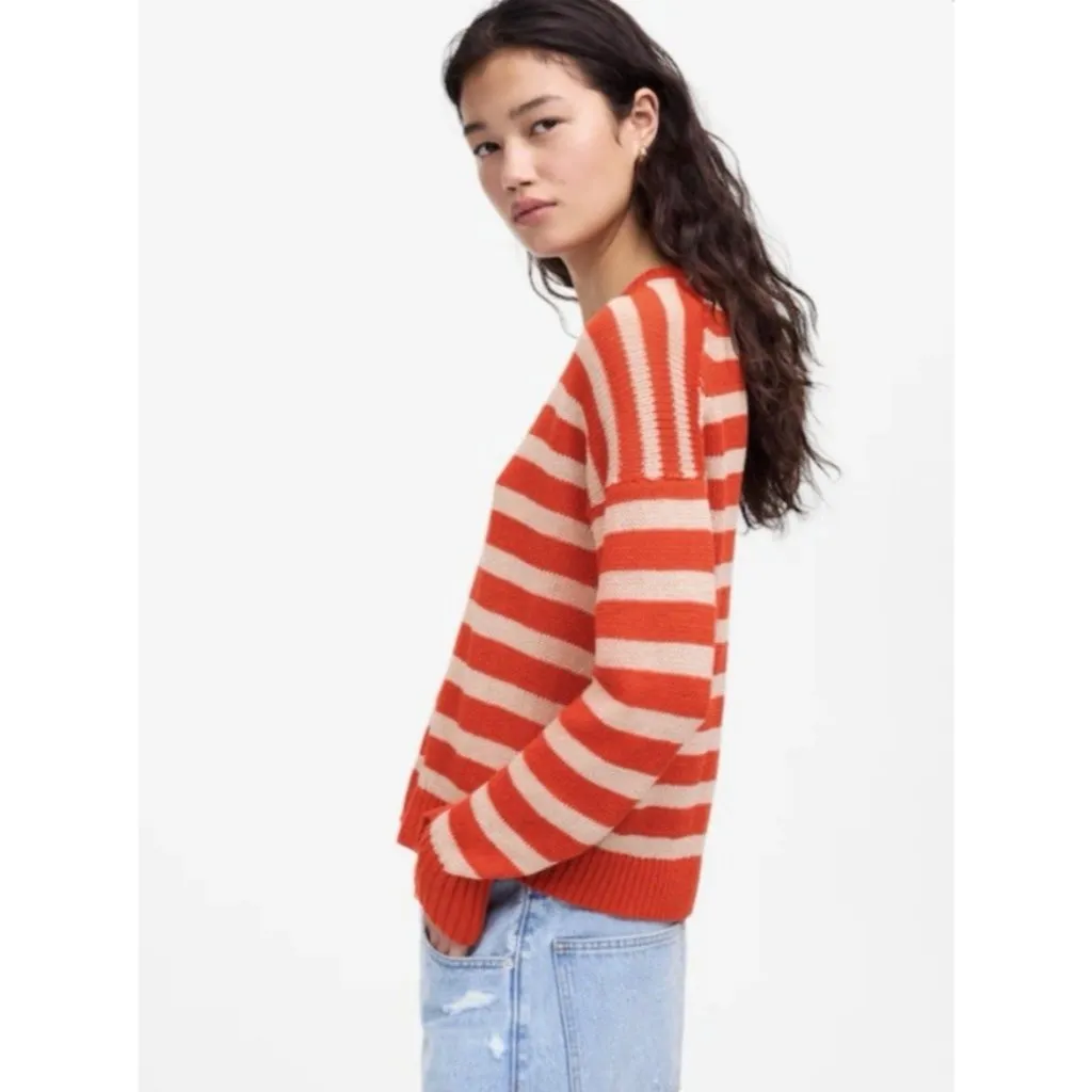Madewell $110 Linen Drop-Shoulder Sweater Bright Flame Stripe Orange/Cream Sz S - Image 3