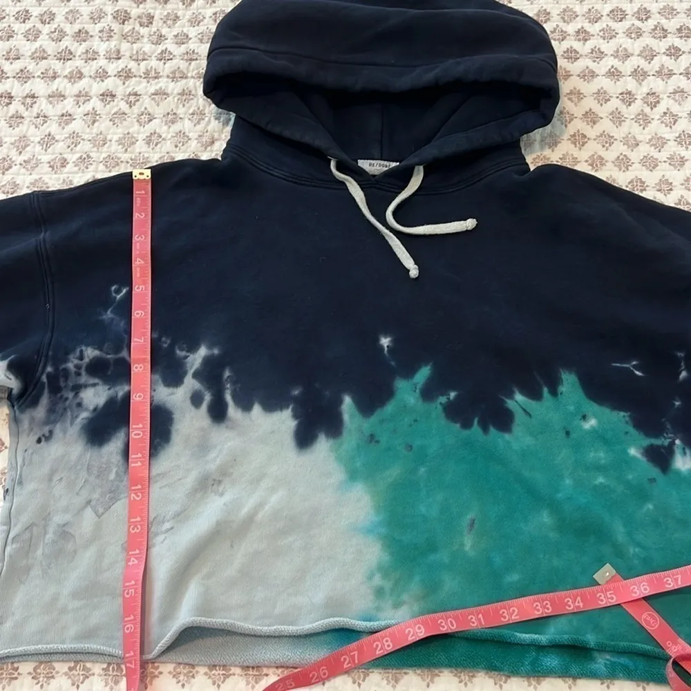 Re/Done Originals Cropped Cotton Hoodie Teal Tie-Dye Size Small - Image 11