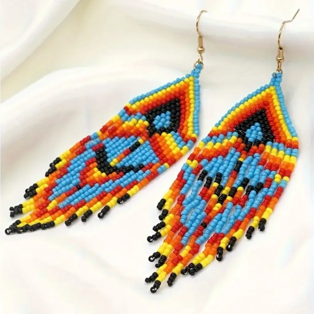 1 Pair Multicolor Bohemian Beaded Tassel Earrings Ethnic Tribal‎ Style Blue - Image 11