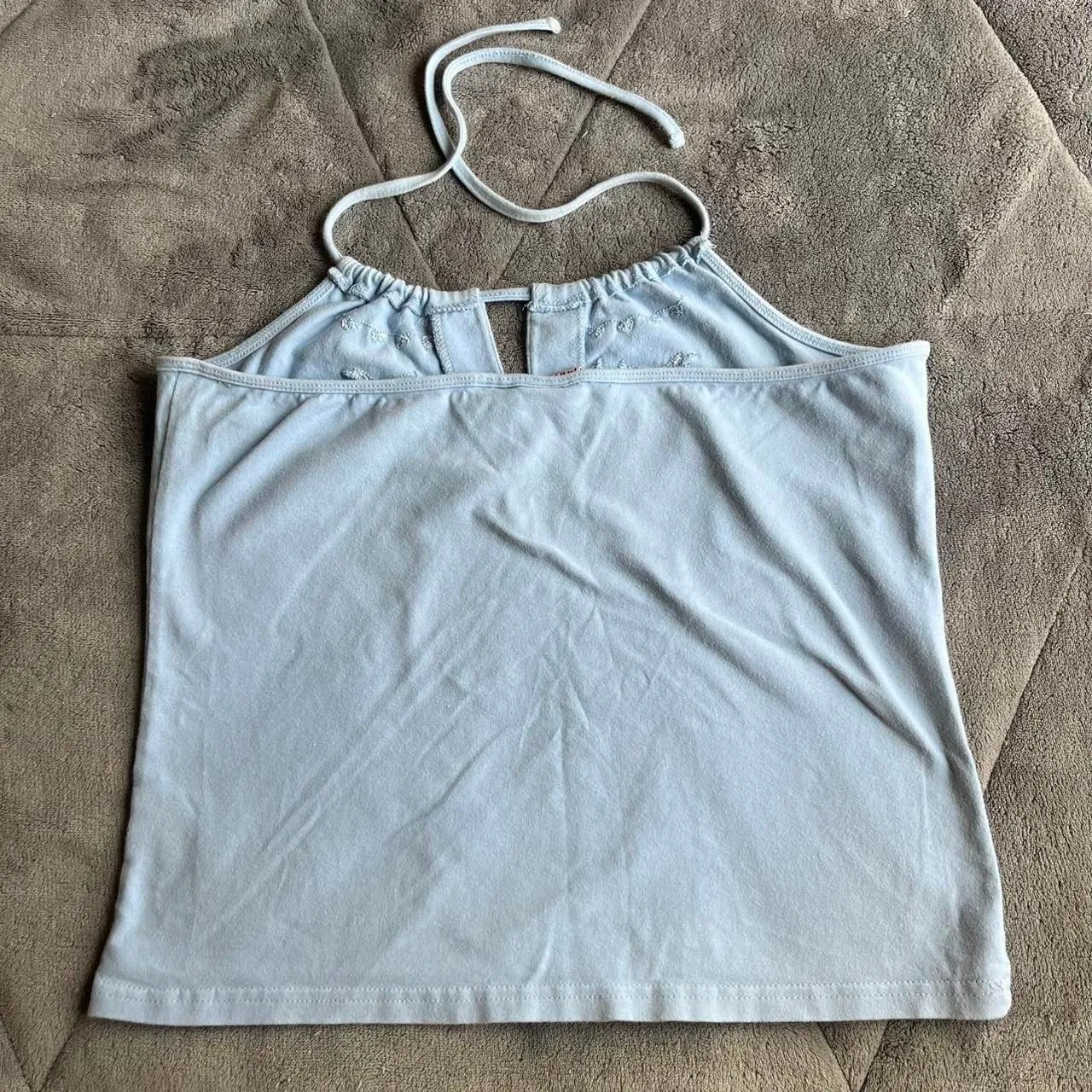 Y2K Arizona Jeans Company baby blue halter crop top floral embroidery size large - Image 4