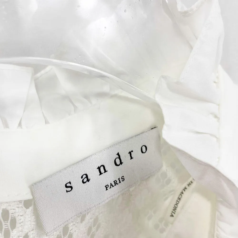 SANDRO White Mock Turtle Neck Long Sleeve Lace Blouse - Image 9