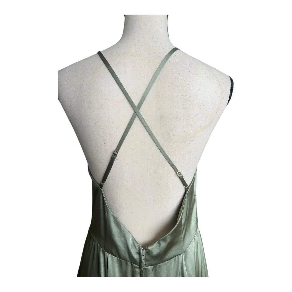Galina Signature Charmeuse Keyhole Criscross Satin Plunge Halter Gown Size 10 Green - Image 10