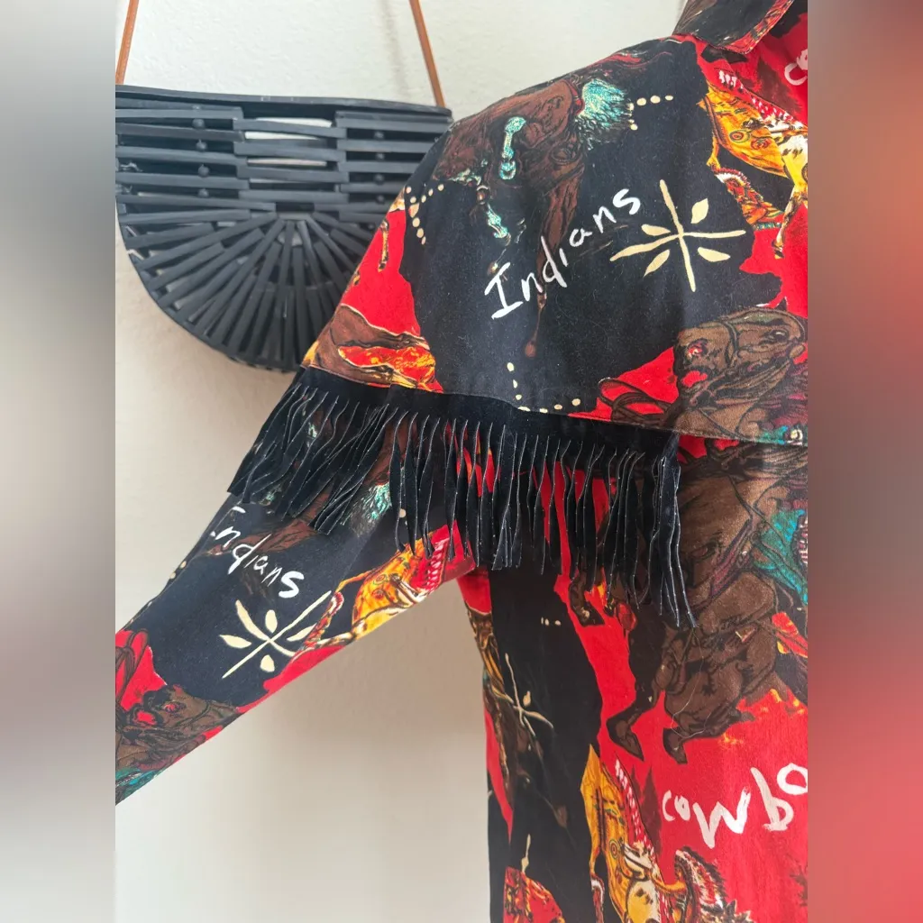 Vintage Rafter JX Cowboys Indians Novelty Print Fringe Western Shirt Red - Image 2