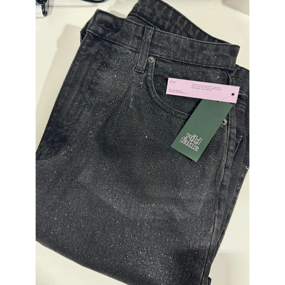 90's Relaxed Straight Leg Jeans Mid Rise Waist Glitter Coating Cotton Blend - Image 5