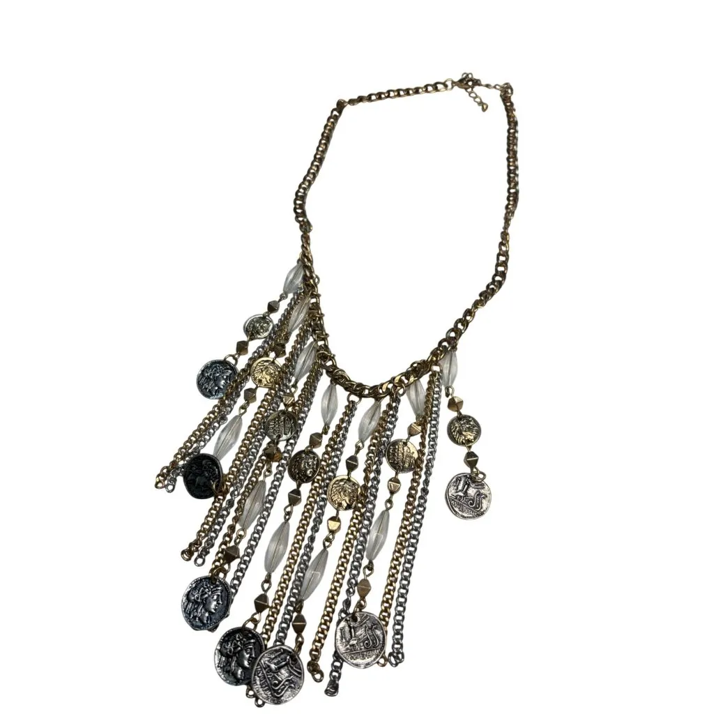 Vintage Gold & Silver Tone Coin Statement Necklace With Clear Beads & Chain Frin - Image 7