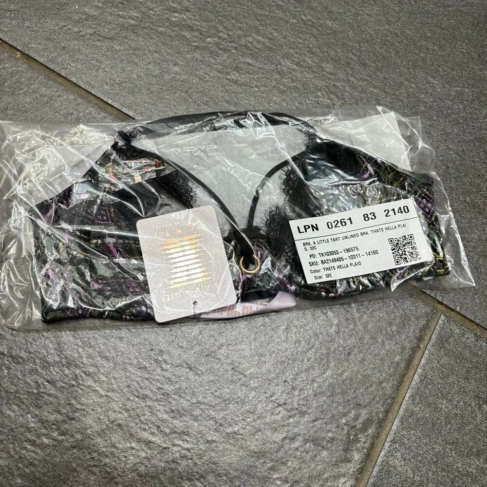 Savage X Fenty A Little Tart Unlined Bra Black Lace Plaid 32C Plunge Feminine Size undefined - Image 3