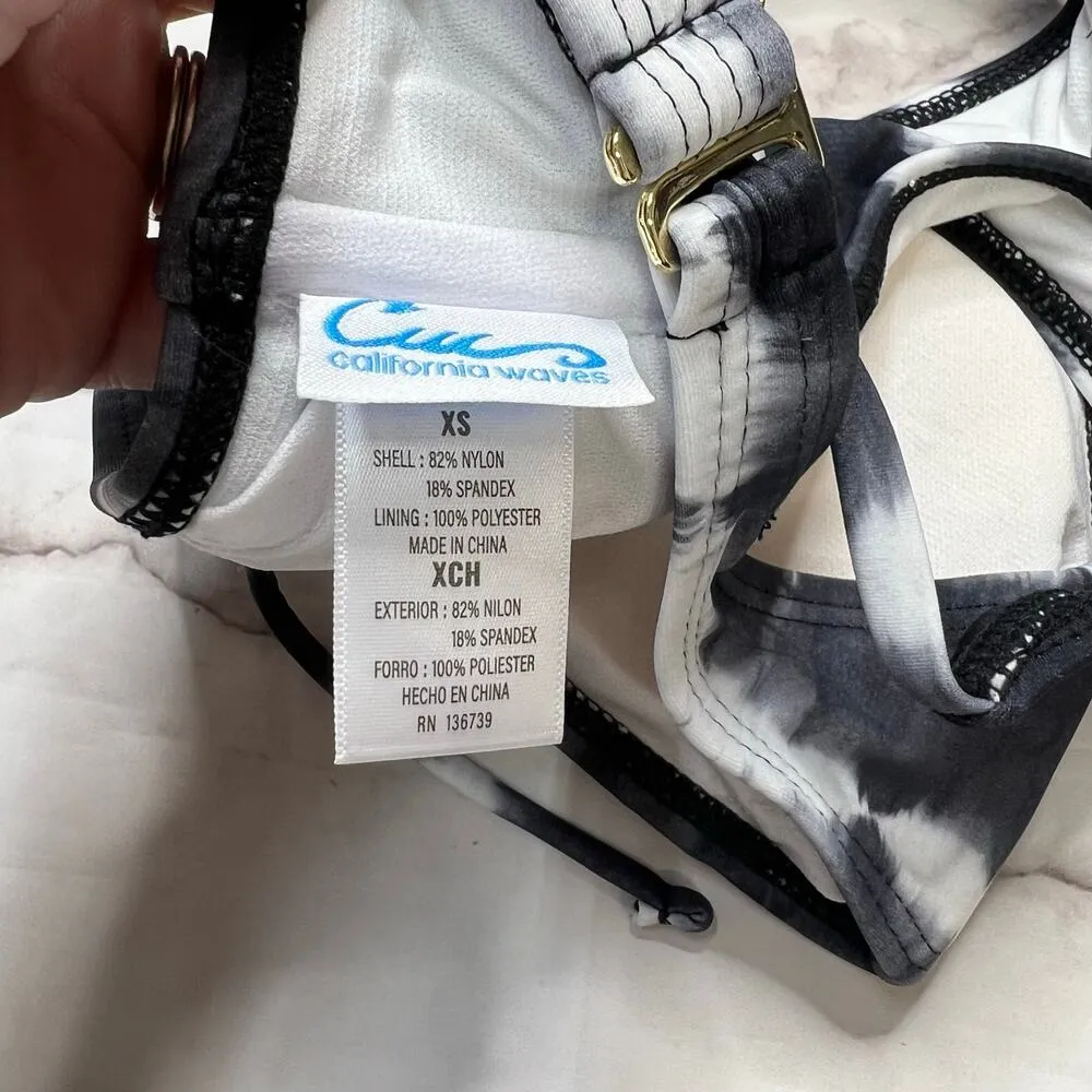 California Waves Juniors Cinch Front Tie Dye Bralette Bikini Top Size XS Black - Image 5