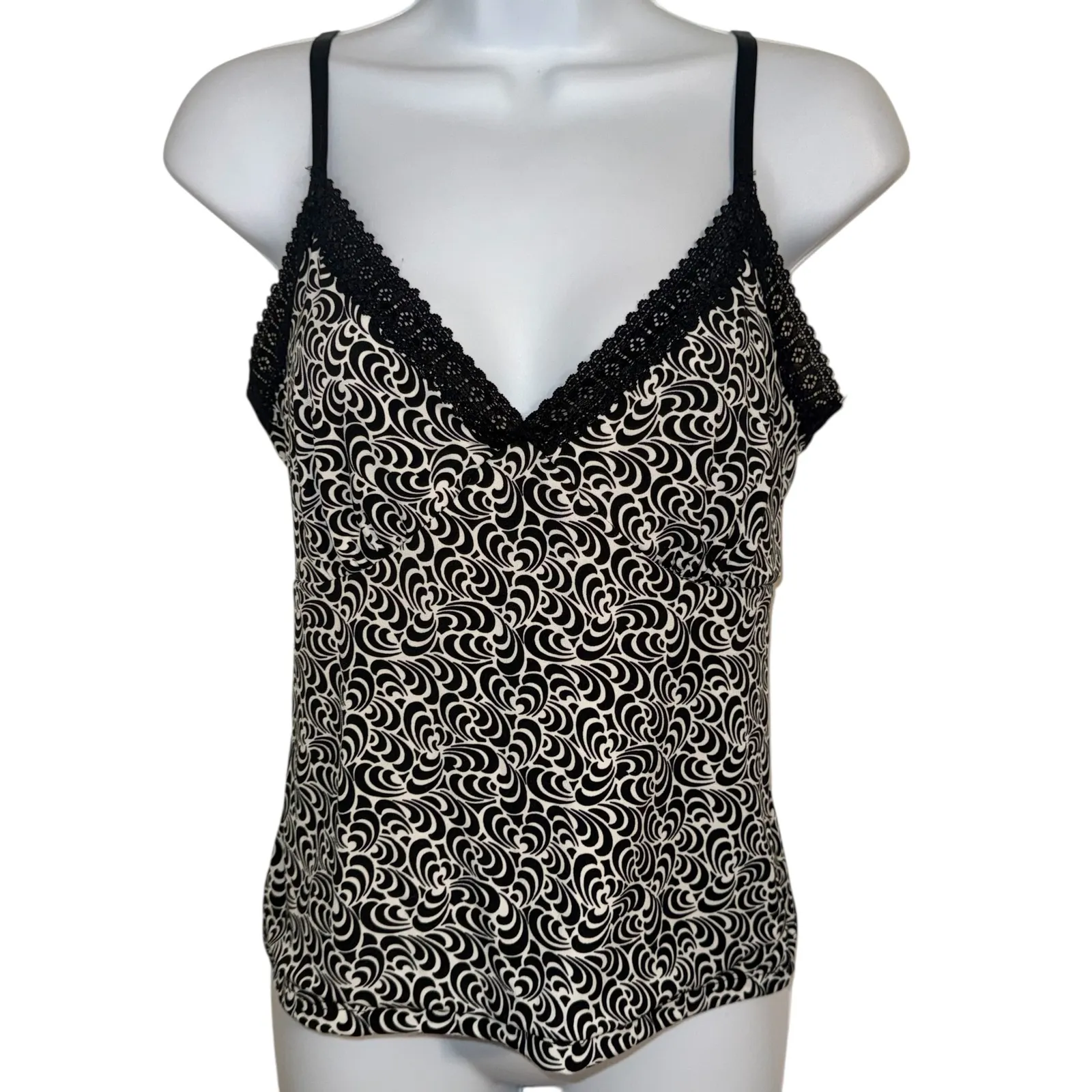WHITE HOUSE BLACK MARKET Black White Swirl Print Lace Trim Cami Tank Top L - Image 2