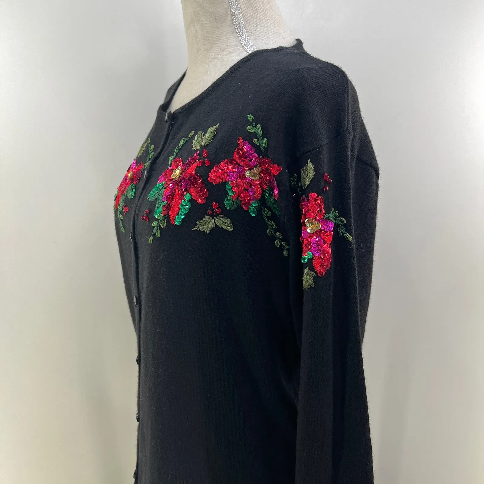 Vintage Cardigan Poinsettia Flower Sequin Embellishment Black Size XL - Image 5