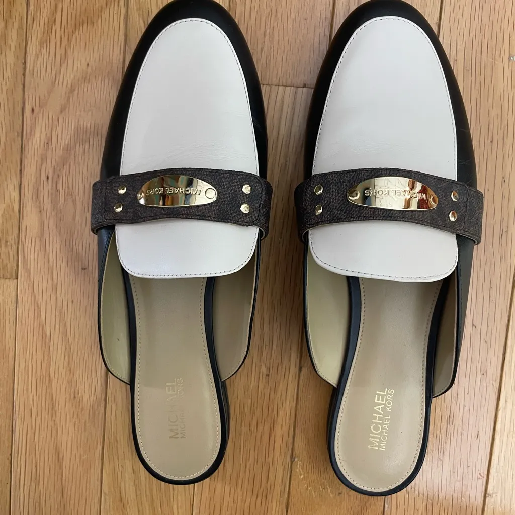 Michael Kors Black and White Mules with Gold Accent - Image 3