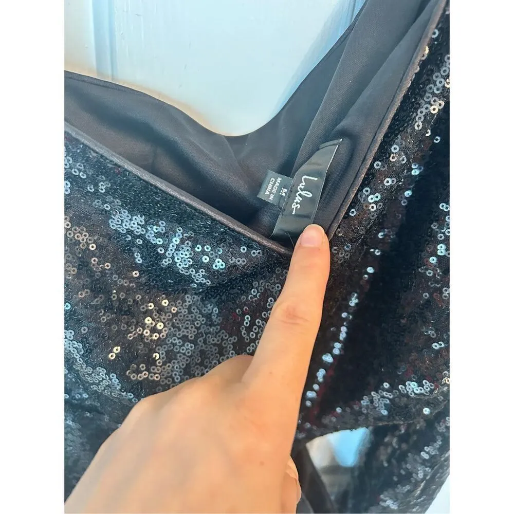 Lulus black  Sequin One-Shoulder Mini Bodycon Dress NWT long sleeve cut out side - Image 2