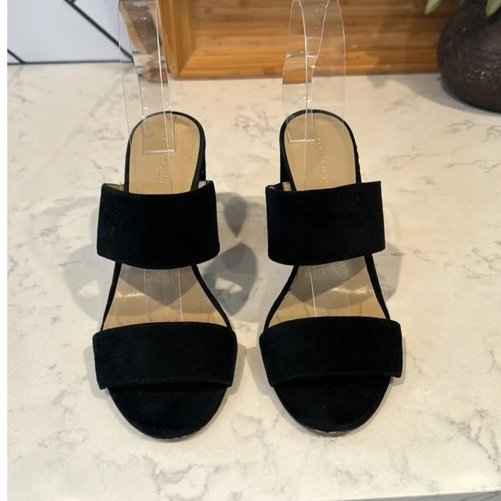 Ann Taylor black suede double broad strap block slide heels classy chic size 7 - Image 2