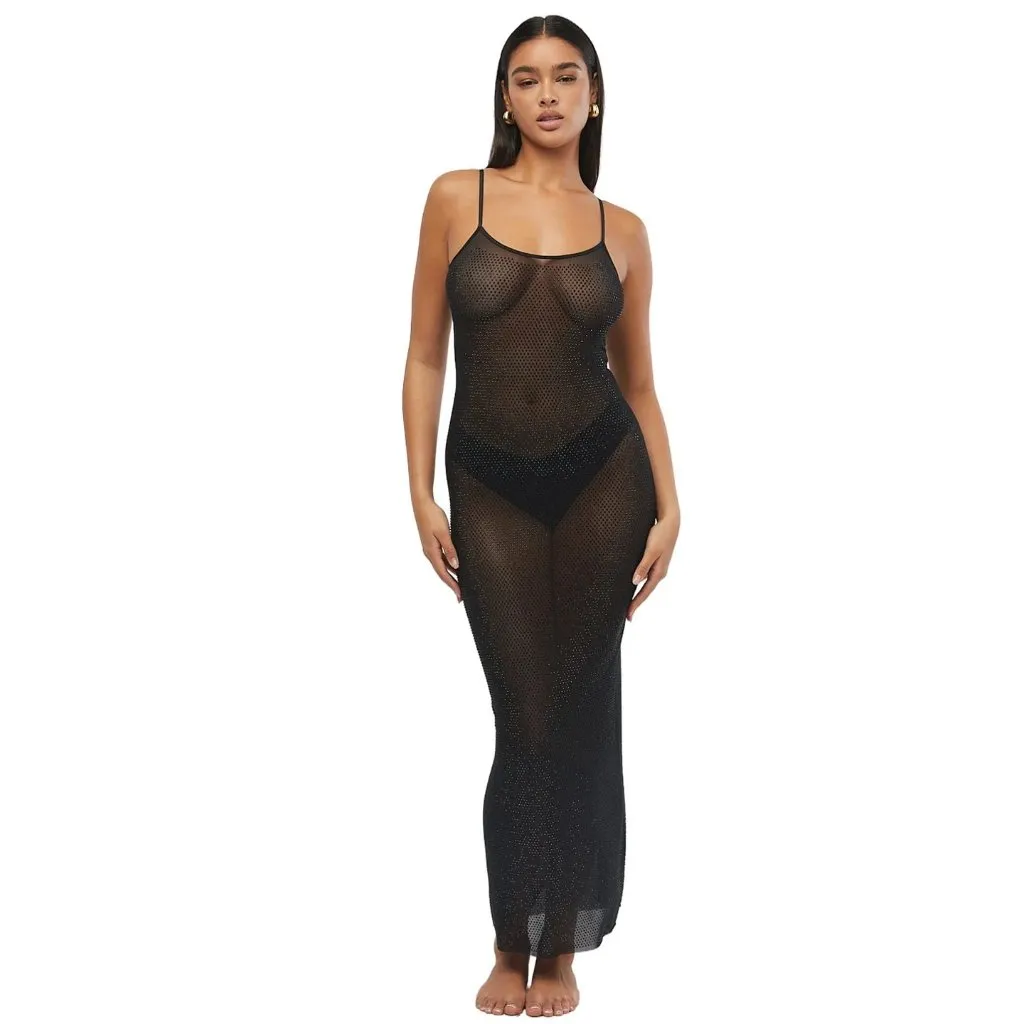 WeWoreWhat Mesh Scoop Maxi Slip Dress in Rhinestone Black X-Small Womens - Image 11