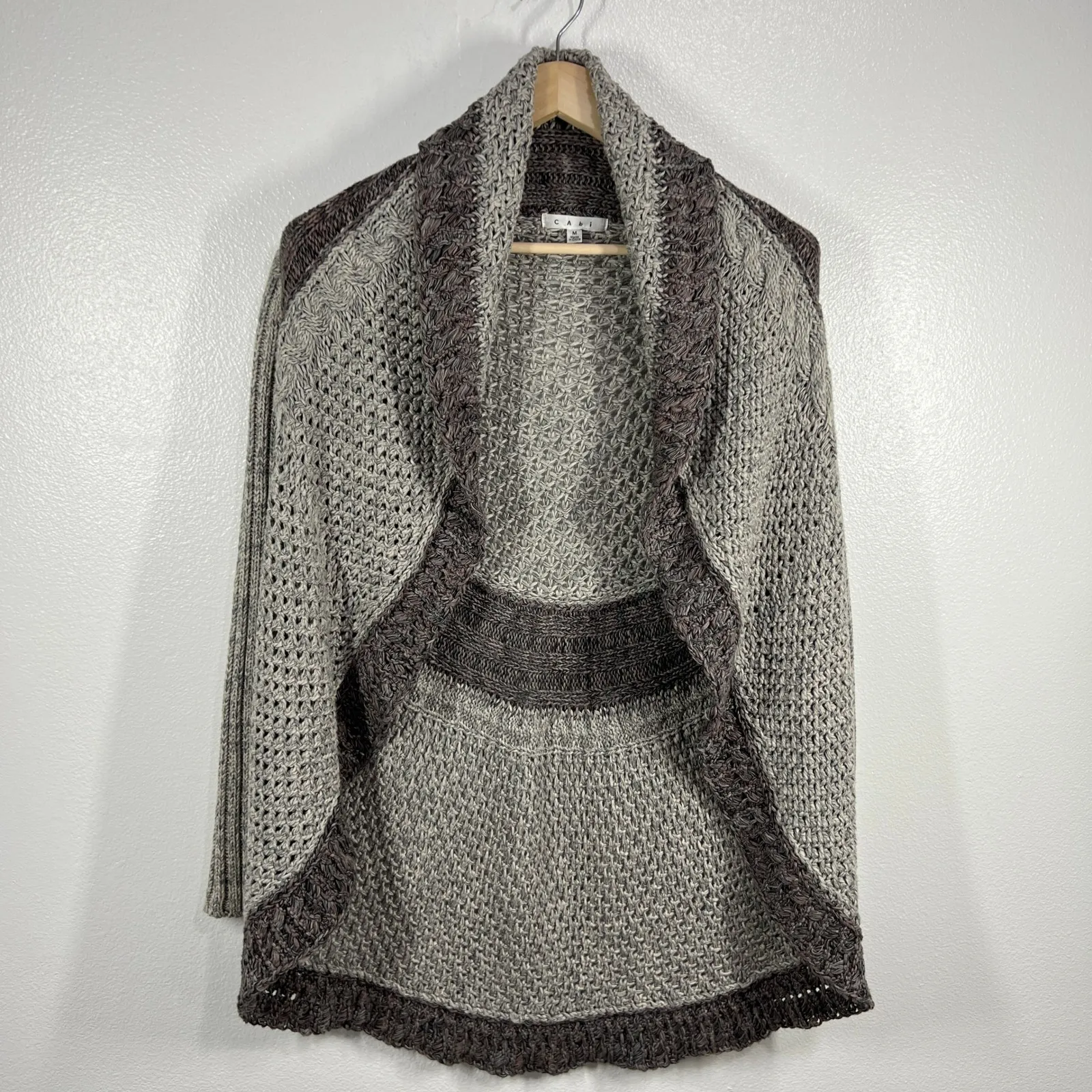 Cabi Open Knit Cardigan Draped Medium Cotton Blend Knit Sweater‎ Brown Beige - Image 2
