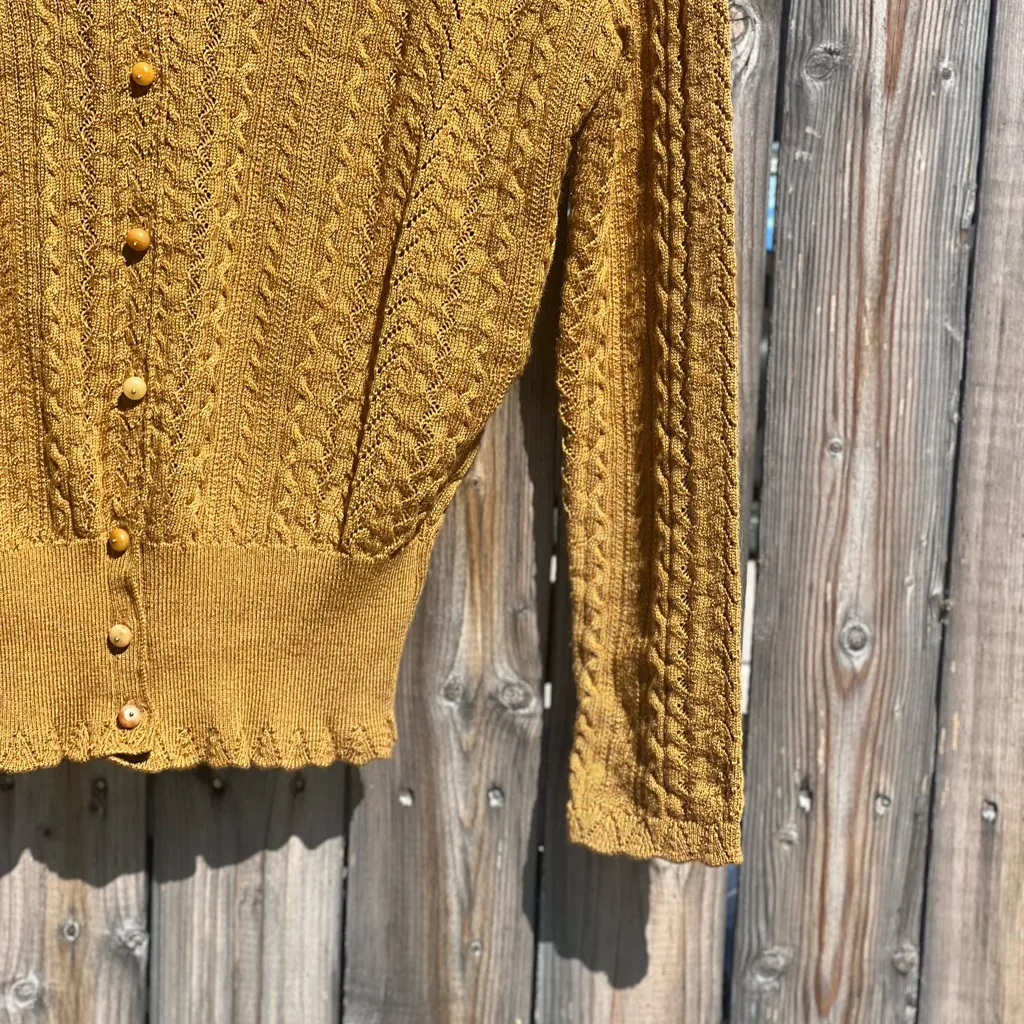 Simple Retro Scallop Trim Cable Knit Cardigan Sweater Tan Size M - Image 8