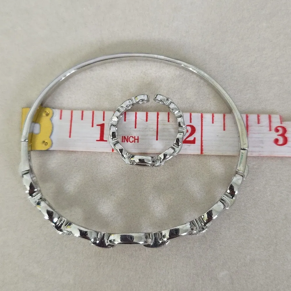White Gold Filled Chain Link Clamper Bangle Bracelet Adjustable Ring Set Silver - Image 10
