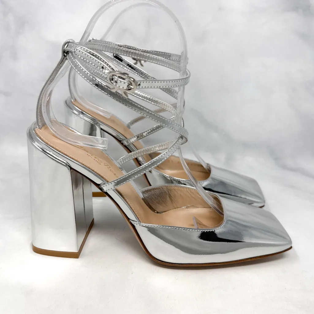 NEW Gianvito Rossi Ludovica Mirrored Chrome Square Toe Block Heel Pumps Silver - Image 2