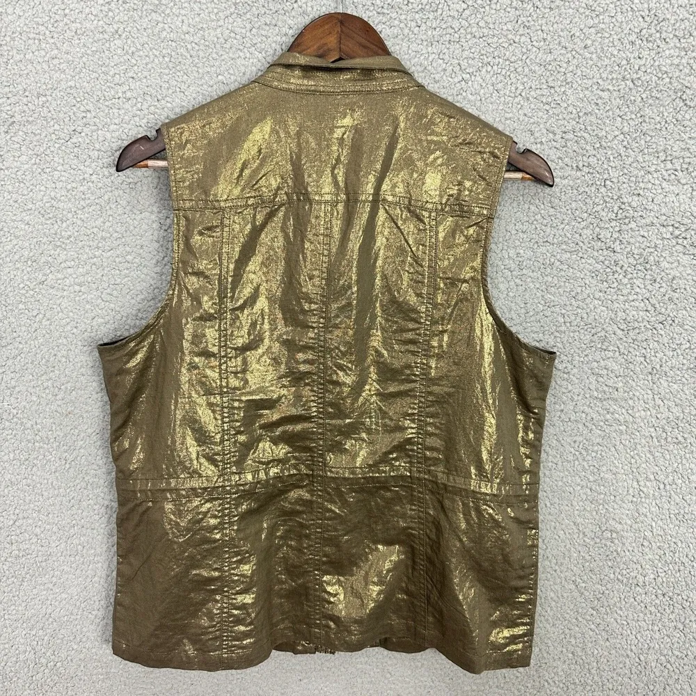 Chicos Metallic Gold Utility‎ Vest Womens 1 Medium Sleeveless Linen Blend Glam - Image 6