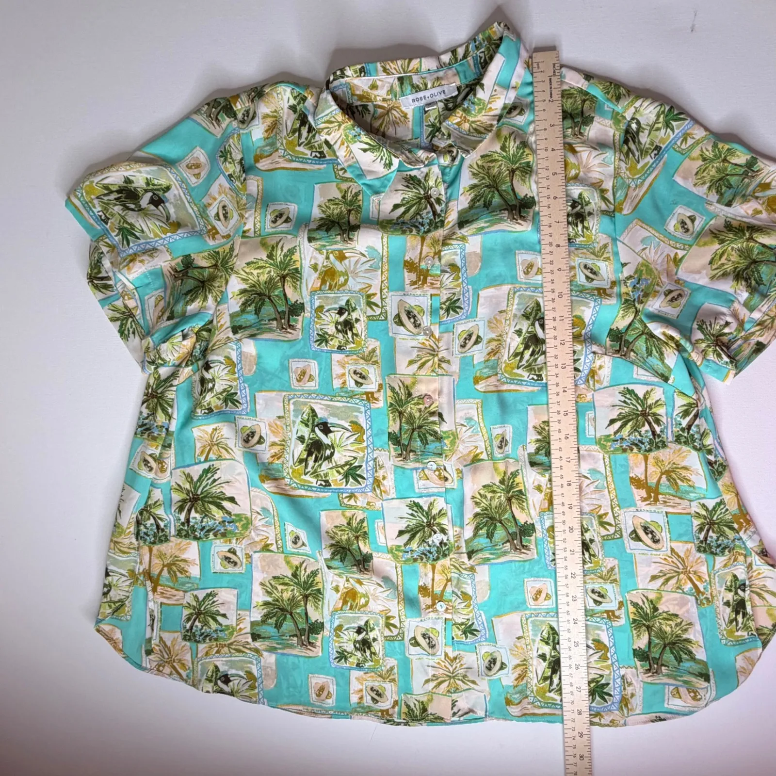 Rose + Olive Tropical Palm Tree Hawaiian Button Up Shirt 1X Lightweight Resort Blue - Image 8