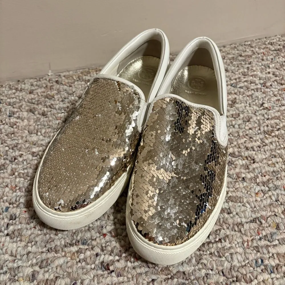 Tory Burch Carter Slip On Flip Sequins Gold Sneaker- Size 9 - Image 6