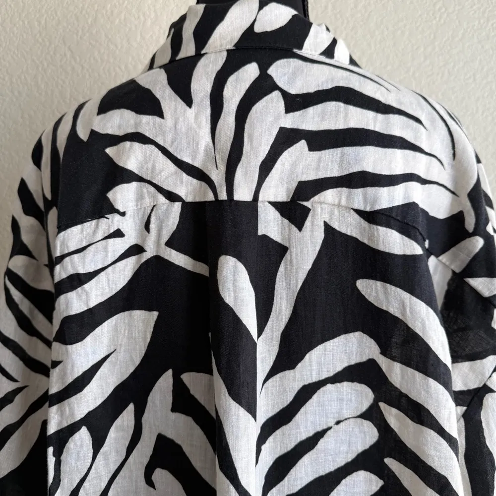 H&M Monochrome Linen Shirt Animal Print Button Down Blouse XL Modern Resort Chic - Image 11