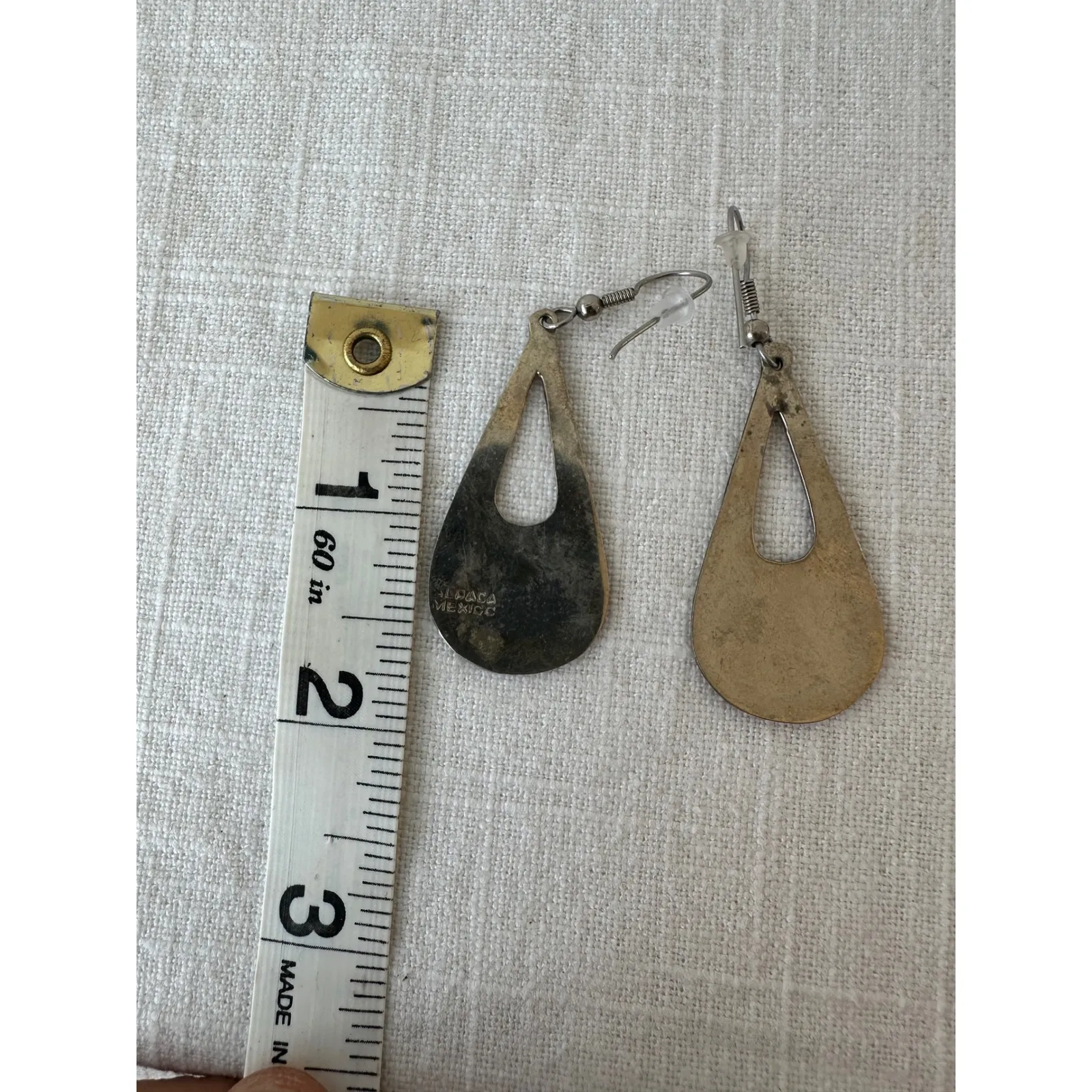 Vintage‎ Alpaca Mexico Teardrop Earrings Blue Green Inlay Southwestern Turquoise - Image 3