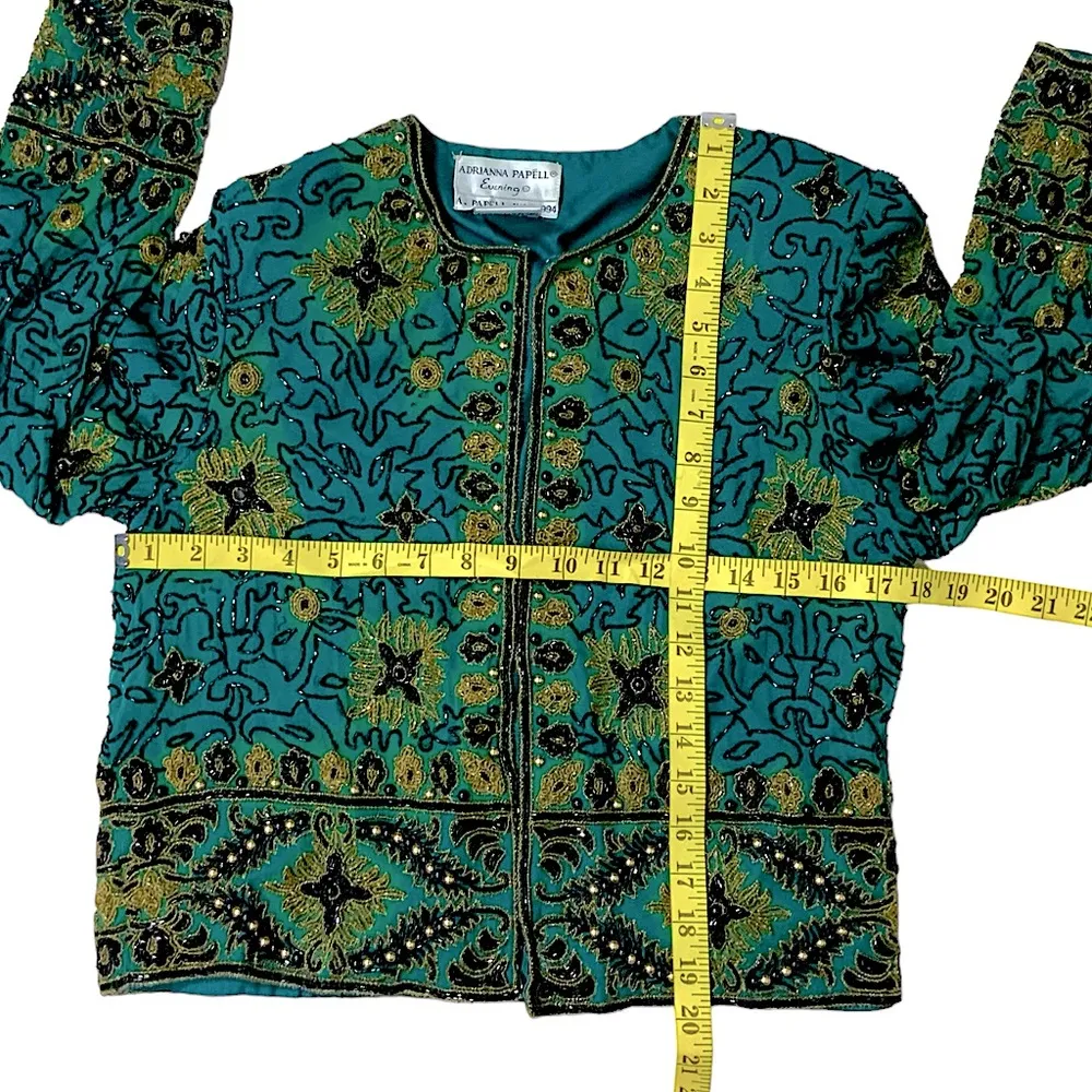 Vintage Silk Adrianna Papell Evening Dinner Jacket Beaded Turquoise Teal SM - Image 7