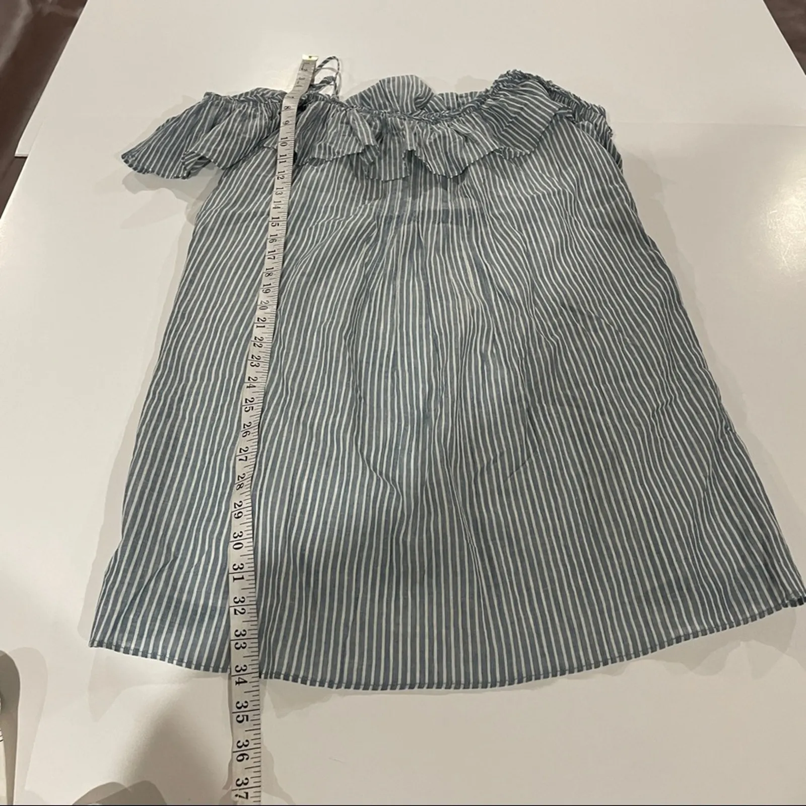 Greylin Natalia Off The Shoulder Blue‎ & White Striped Mini Dress Size L - Image 8
