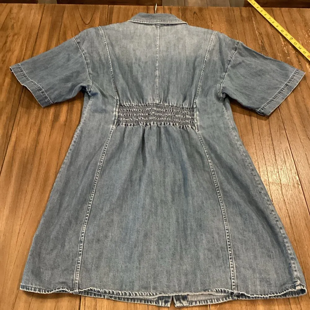FRAME Seam Detail shoreline wash Short Sleeve Button Up Denim Mini Dress Blue XL - Image 4