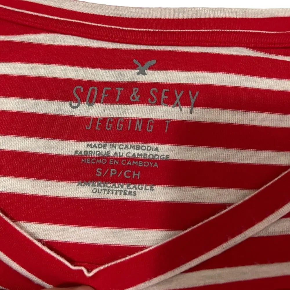 American Eagle SMALL Striped Long Sleeve Raw Round Hem Soft & Sexy Jegging Tee - Image 6